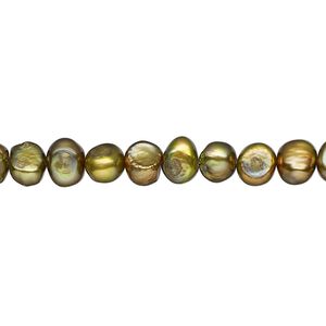 Pearl, cultured freshwater (dyed), green olive, 6-7mm flat-sided potato, D grade, Mohs hardness 2-1/2 to 4. Sold per 15-inch strand.