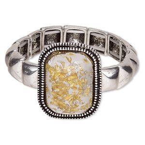 Bracelet, stretch, resin and antique silver-finished "pewter" (zinc-based alloy), clear with gold- and silver-colored foil, 12mm wide with 37x30mm rectangle, 6 inches. Sold individually.
