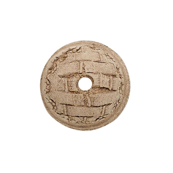 Bead, leather, brown, 16.5-20.5mm round with etched weave design. Sold individually. image number 1
