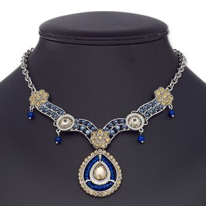 Necklace, glass rhinestone / glass / resin / imitation rhodium-coated plastic / imitation rhodium-plated steel / "pewter" (zinc-based alloy), multicolored, 40x32mm teardrop, 16 inches with 3-inch extender chain and lobster claw clasp. Sold individually.