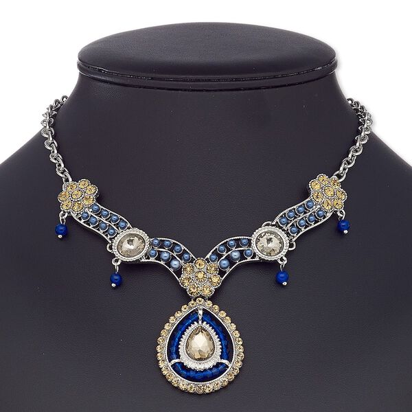 Necklace, glass rhinestone / glass / resin / imitation rhodium-coated plastic / imitation rhodium-plated steel / "pewter" (zinc-based alloy), multicolored, 40x32mm teardrop, 16 inches with 3-inch extender chain and lobster claw clasp. Sold individually. image number 0