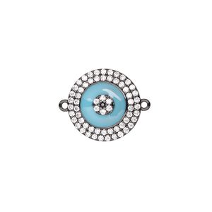 Link, black-finished brass / cubic zirconia / enamel, clear and blue, 15mm single-sided round. Sold individually.