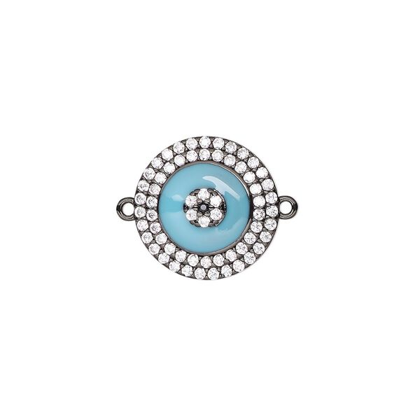 Link, black-finished brass / cubic zirconia / enamel, clear and blue, 15mm single-sided round. Sold individually. image number 0