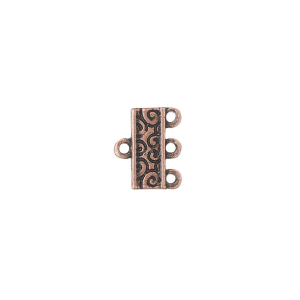 End bar, antique copper-finished "pewter" (zinc-based alloy), 12x5mm 3-strand double-sided with swirl design. Sold per pkg of 12. image number 0