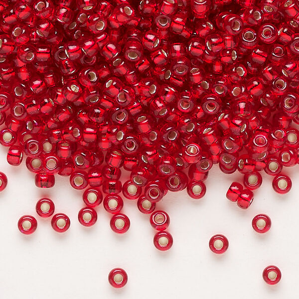 Seed bead, Miyuki, glass, pkg/50g, #8 rocaille, transparent silver-lined red, (RR-1419). image number 0