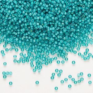 Seed bead, Miyuki, glass, pkg/35g, #15 rocaille, translucent white-lined luster teal, (RR-3765).