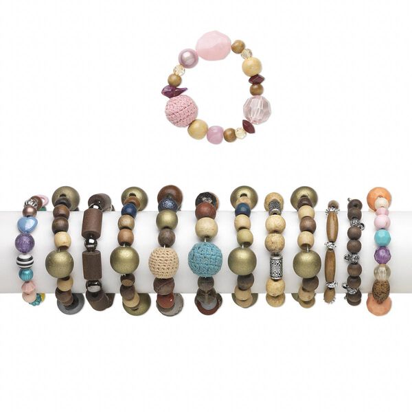 Bracelet mix, stretch, acrylic / glass / wood, steel and cotton cord, multicolored, 18-22mm wide with 2mm-36x24mm mixed shapes, 6 inches. Sold per pkg of 12. image number 0