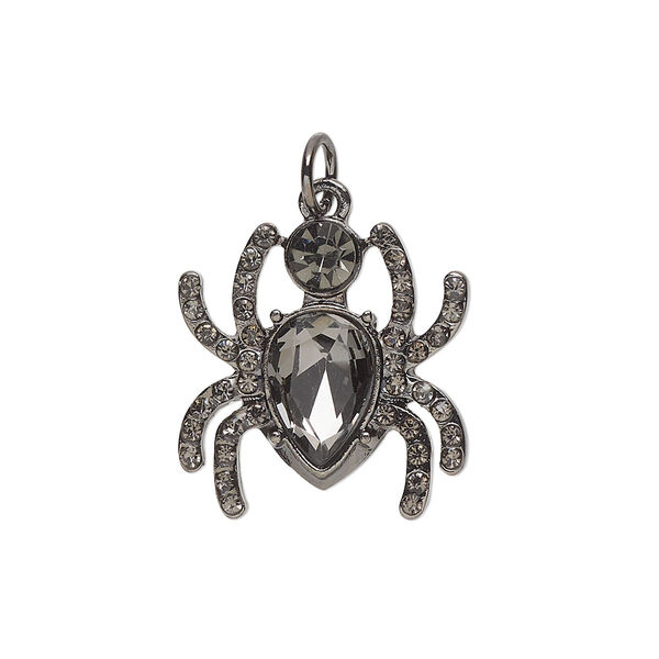 Charm, gunmetal-finished "pewter" (zinc-based alloy) and glass, black and grey, 20x19mm spider. Sold per pkg of 2. image number 0
