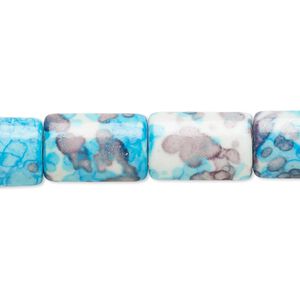 Bead, resin and painted ceramic, blue / white / grey, 15x10mm puffed rectangle. Sold per 15-1/2" to 16" strand.