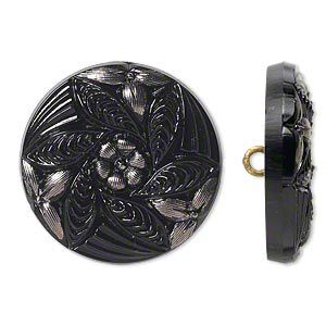 Button, Czech glass and brass, black and silver, 27mm round with flower design. Sold individually.
