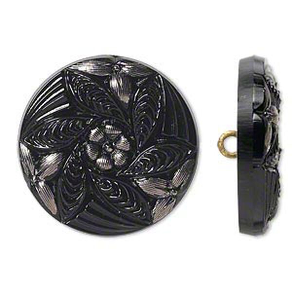 Button, Czech glass and brass, black and silver, 27mm round with flower design. Sold individually. image number 0