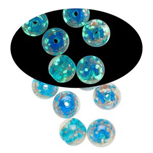 Bead, lampworked glass, clear / blue / glow-in-the-dark / gold, 10mm round. Sold per pkg of 6.