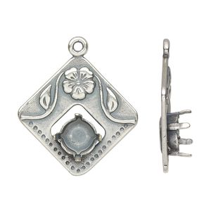 Drop, JBB Findings, antique silver-plated pewter (tin-based alloy), 25mm single-sided diamond with flower design and SS39 chaton or rivoli 4-prong setting. Sold individually.