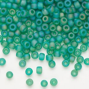 Seed bead, Dyna-Mites™, glass, transparent frosted rainbow jade green, #6 round. Sold per 40-gram pkg.