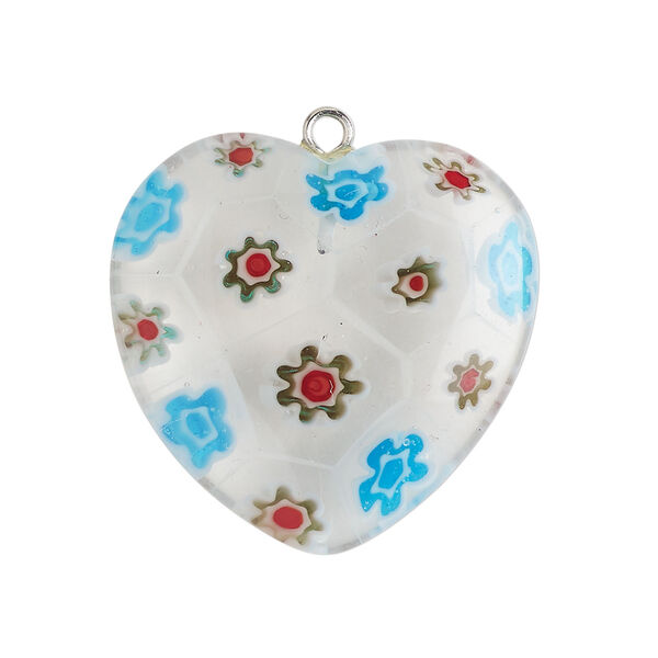 Focal 1pkg1, silver-finished steel / millefiori glass, transparent / translucent green / multicolored, 29-31mm puffed heart. image number 0