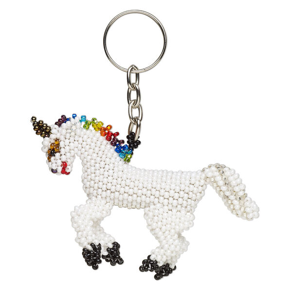 Keychain, glass and steel, 3-3/4 inches with 3x2-inch 3D unicorn and 22mm split ring. Sold individually. image number 0