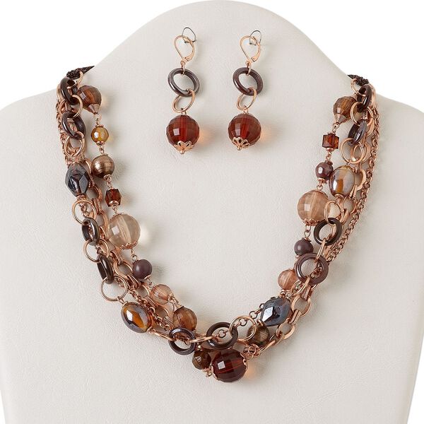 Necklace and earring set, multi-strand, copper-plated steel and brass/ acrylic / polyester / glass, purple and brown, multi-shape, 18 inches with 2-inch extender chain and lobster claw clasp, 2-3/8 inch earrings with leverback ear wire. Sold per set. image number 0