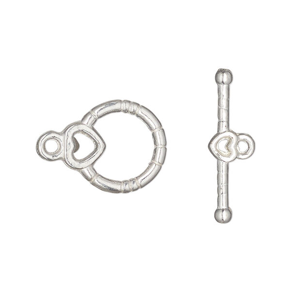 Clasp, toggle, silver-finished "pewter" (zinc-based alloy), 12.5mm beaded round with open heart design. Sold per pkg of 10. image number 0
