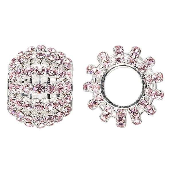 Bead, glass rhinestone and silver-finished brass, pink, 25x20mm barrel with 3mm chatons, 11.5mm hole. Sold individually. image number 0