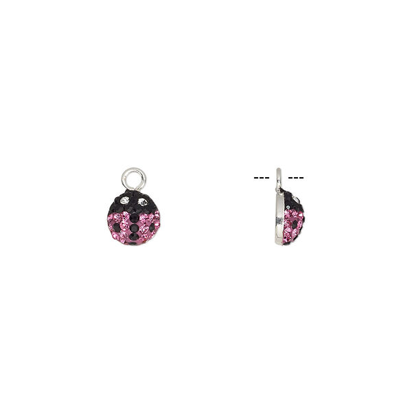 Charm, epoxy / glass / sterling silver, pink / black / clear, 6x6mm single-sided ladybug. Sold individually. image number 0