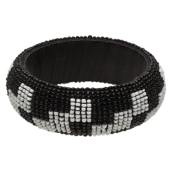 Bracelet, bangle, wood / glass / polyester, black and white, 30mm wide with checkered design, 8 inches. Sold individually. image number 0