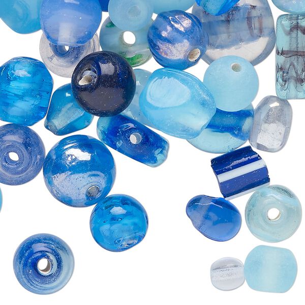 Bead mix, lampworked glass, opaque and translucent multi-blue, 6x5mm-19x15mm mixed shapes. Sold per 3-ounce pkg, approximately 105 beads. image number 0