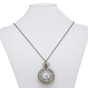 Necklace, plastic with antique brass-plated steel and "pewter" (zinc-based alloy), black / white / clear, 64x47mm round watch with cutout and floral design, 28 inches with lobster claw clasp. Sold individually.