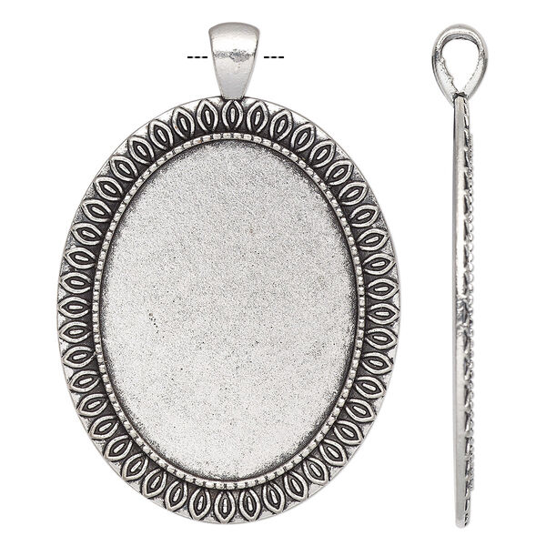 Pendant, antique silver-finished "pewter" (zinc-based alloy), 58.5x40mm single-sided oval with marquise design and 40x30mm non-calibrated oval setting. Sold individually. image number 0