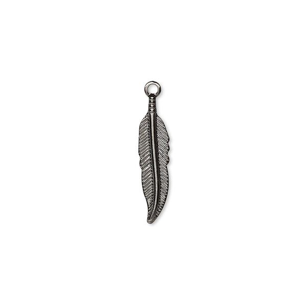 Charm, gunmetal-plated brass, 18x4mm single-sided feather. Sold per pkg of 100. image number 0