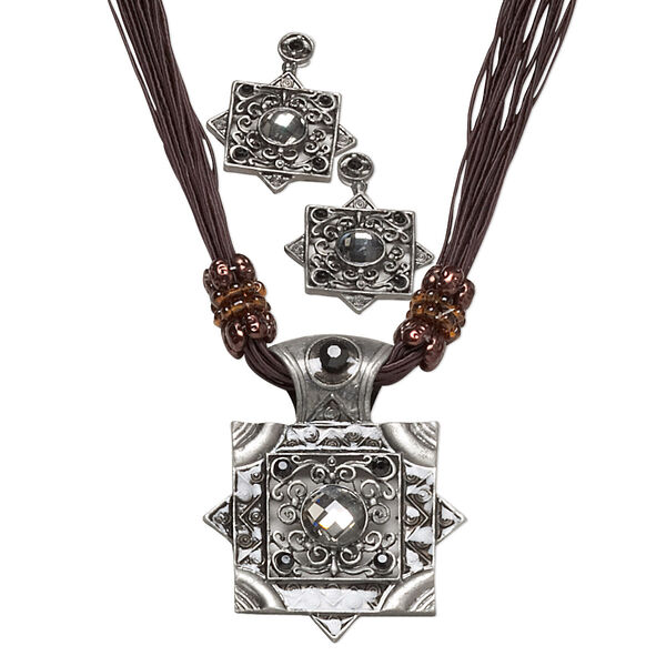 Necklace and earring set, nylon / acrylic / antique silver-plated pewter (tin-based alloy) / brass / steel, grey / brown / mauve, 57x44mm fancy square pendant on nylon cord, 16 inches with 2-inch extender chain and lobster claw clasp, 47x34mm earrings with stud. Sold per set. image number 0
