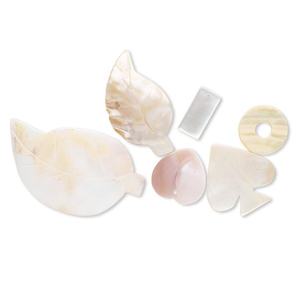 Focal mix, mother-of-pearl shell (natural / bleached), white, 20x10mm-60x35mm mixed shape, Mohs hardness 3-1/2. Sold per pkg of 6. image number 0