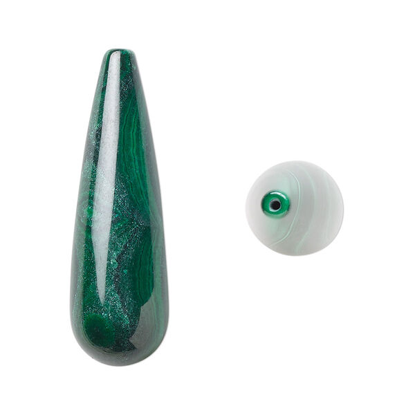 Bead, malachite (natural), 33x10mm half-drilled teardrop, B grade, Mohs hardness 3-1/2 to 4. Sold per pkg of 2. image number 0
