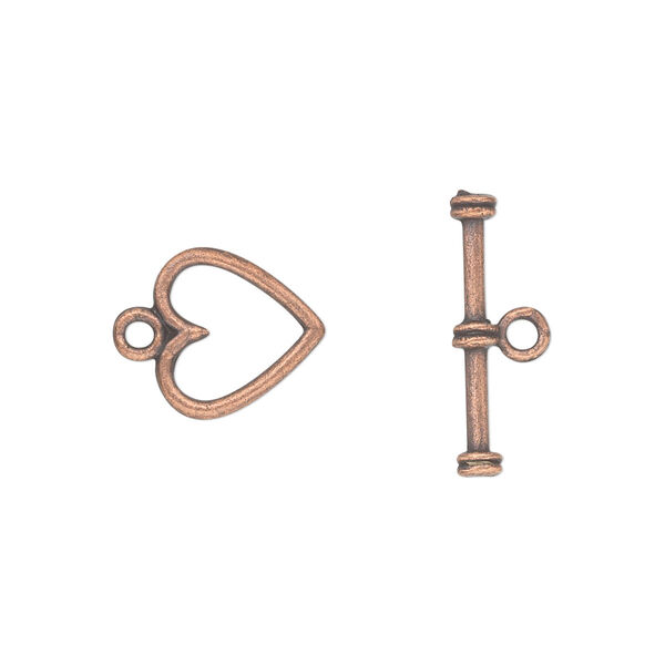 Clasp, toggle, antique copper-plated "pewter" (zinc-based alloy), 12x12mm double-sided heart. Sold per pkg of 20. image number 0