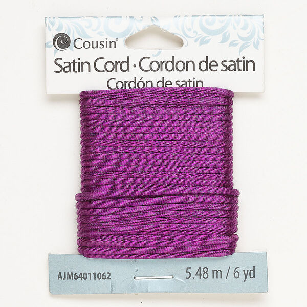 Cord, satin, pkg/6 yards, bright purple, 2mm round. image number 0