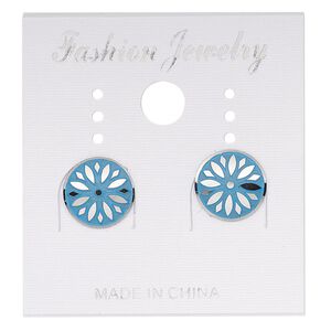Earstud, stainless steel, blue patina, 10mm round with aster flower design. Sold per pair.