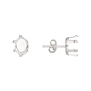 Earstud 1pkg4 Snap-Tite® sterling silver, 8x6mm oval 6-prong setting / earnuts, 2 pair