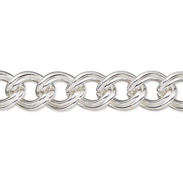 Chain, silver-plated brass, 9.5mm double curb. Sold per 50-foot spool. image number 0