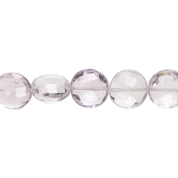 Bead, lavender amethyst (natural), 9-10mm hand-cut faceted puffed flat round, B+ grade, Mohs hardness 7. Sold per 8-inch strand, approximately 20 beads. image number 0