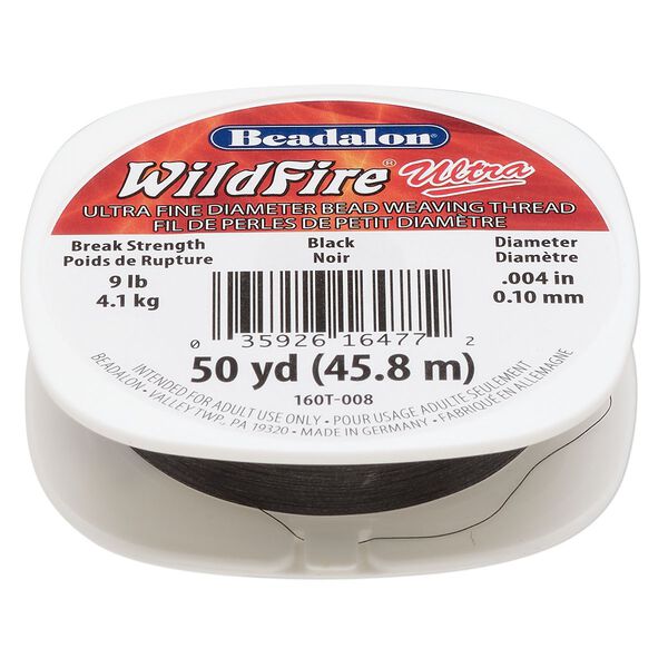 Thread, WildFire™ Ultra, polyester, black, size 0.1 weaving thickness. Sold per 50-yard spool. image number 0