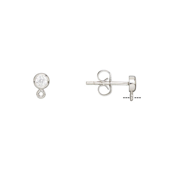 Earstud, cubic zirconia and rhodium-plated sterling silver, clear, 4mm round with closed loop. Sold per pair. image number 0