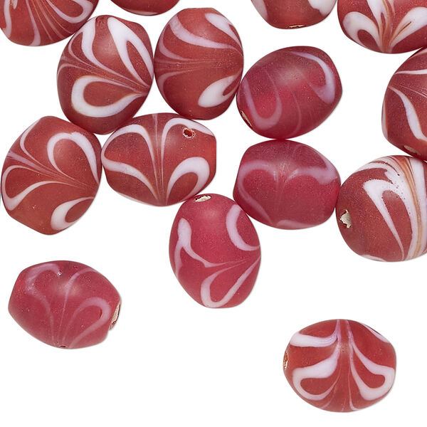 Bead, lampworked glass, translucent matte red and white, 10x9mm-14x11mm oval with swirl design. Sold per pkg of 40 beads. image number 0
