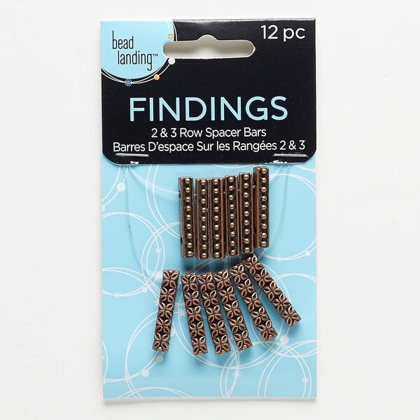 Spacer bar, antiqued copper-finished "pewter" (zinc-based alloy), 23x4mm double-sided 2-strand beaded rectangle and 3-strand rectangle with flower design. Sold per pkg of 12. image number 0