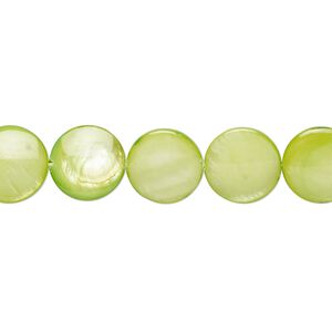 Bead, mother-of-pearl shell (dyed), green, 10-11mm flat round with 0.6-1mm hole, Mohs hardness 3-1/2. Sold per 15-inch strand.