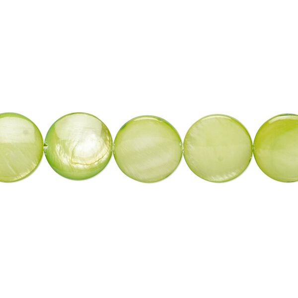 Bead, mother-of-pearl shell (dyed), green, 10-11mm flat round with 0.6-1mm hole, Mohs hardness 3-1/2. Sold per 15-inch strand. image number 0