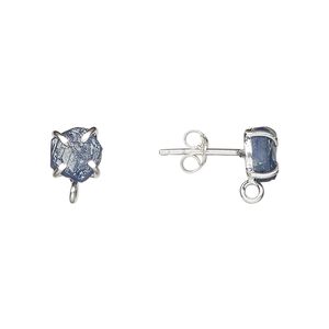 Earstud 1pkg2 sterling silver / sapphire, 5x5mm-7x7mm rough nugget / closed loop, 1 pair