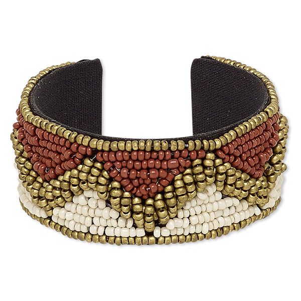 Bracelet, cuff, cotton / glass / steel, multicolored, 28mm wide with zigzag and triangle design, adjustable from 6-1/2 to 7 inches. Sold individually. image number 0