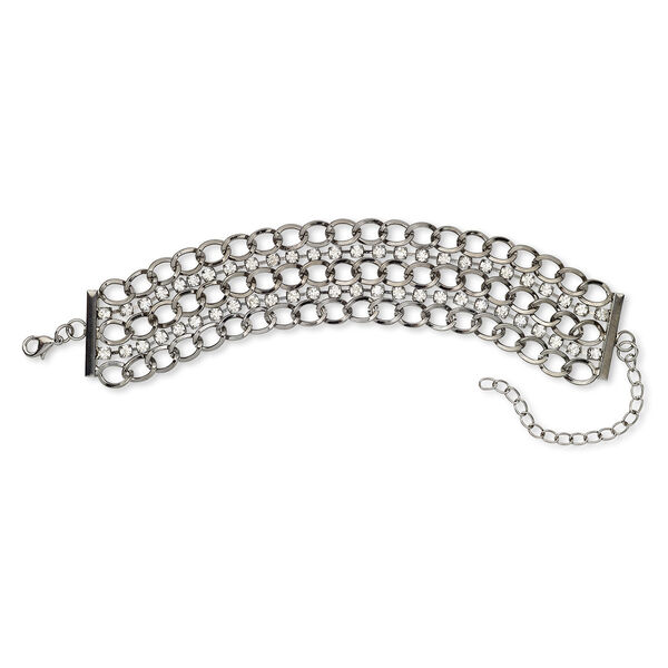 Bracelet, 5-strand, glass rhinestone / gunmetal-finished brass / steel / "pewter" (zinc-based alloy), clear, 30.5mm wide, 6 inches with 2-3/4 inch extender chain and lobster claw clasp. Sold individually. image number 0