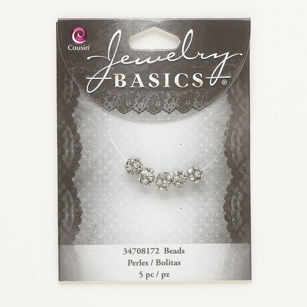 Bead, silver-finished brass and glass, clear, 6mm round. Sold per pkg of 5. image number 0
