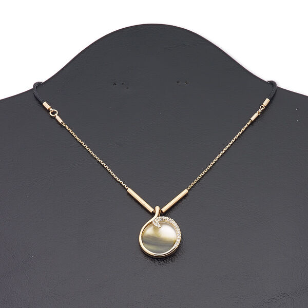 Necklace, black lip shell (natural) / waxed cotton cord / glass rhinestone / copper-finished brass / steel / "pewter" (zinc-based alloy), clear and black, 23mm round, 16 inches with 3-inch extender chain and lobster claw clasp. Sold individually. image number 0