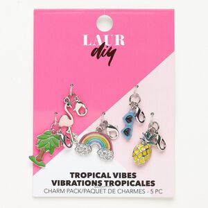 Charm assortment steel brass enamel glass 5pk 16x6mm-21x14mm mixed tropical shape lobster claw clasp, silver finish multicolored